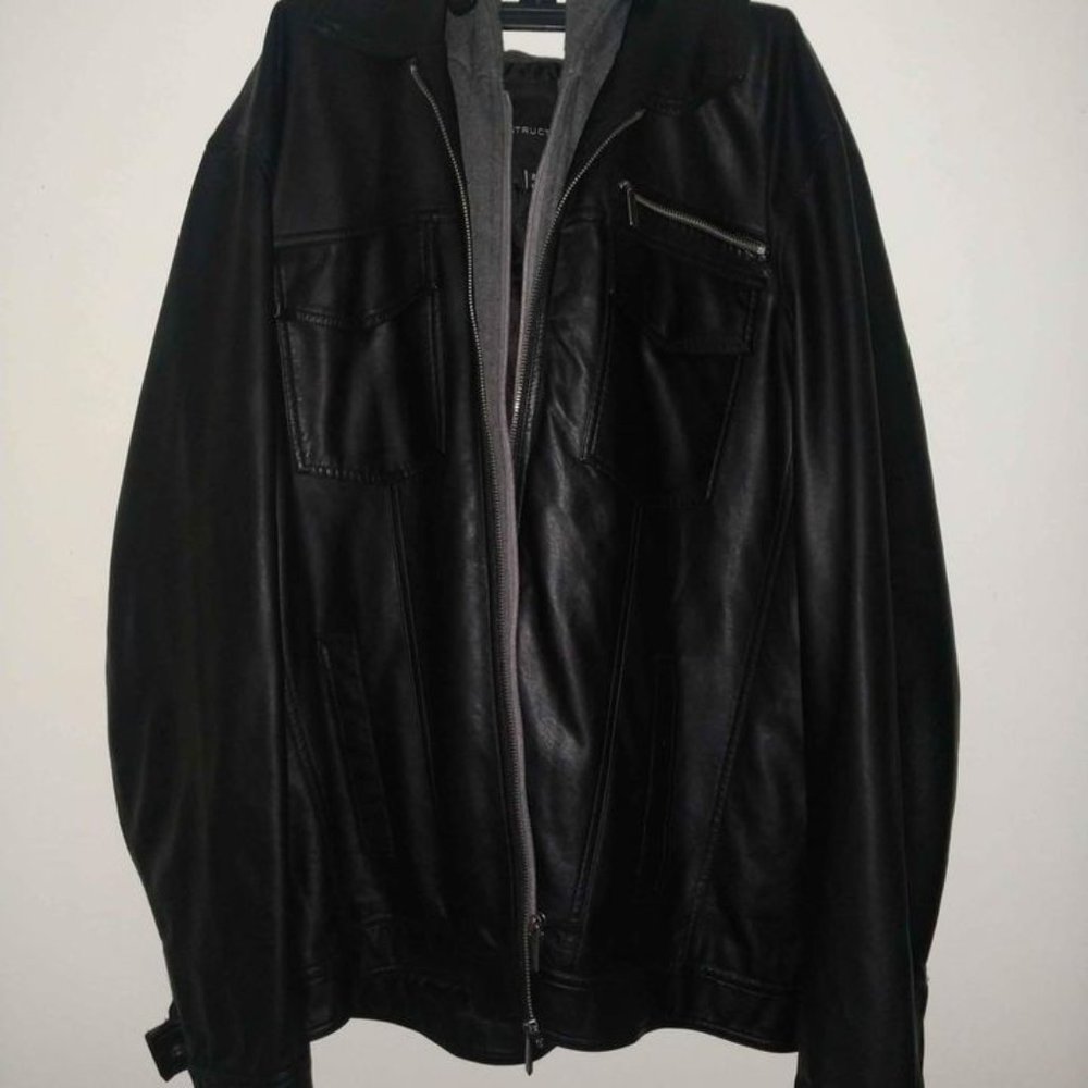 XXL Men's Faux Leather Hooded Jacket